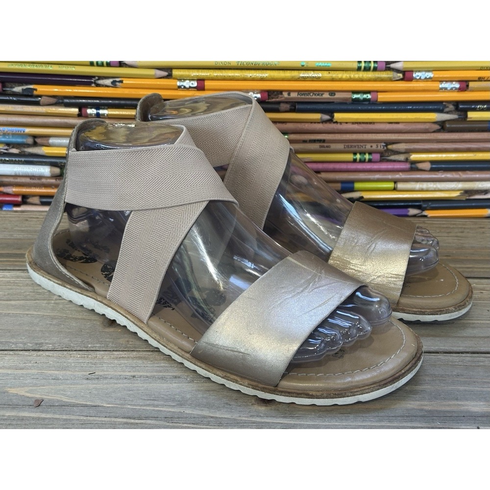 Sorel Ella Leather Flat Sandals Womens 8.5 Gold Good